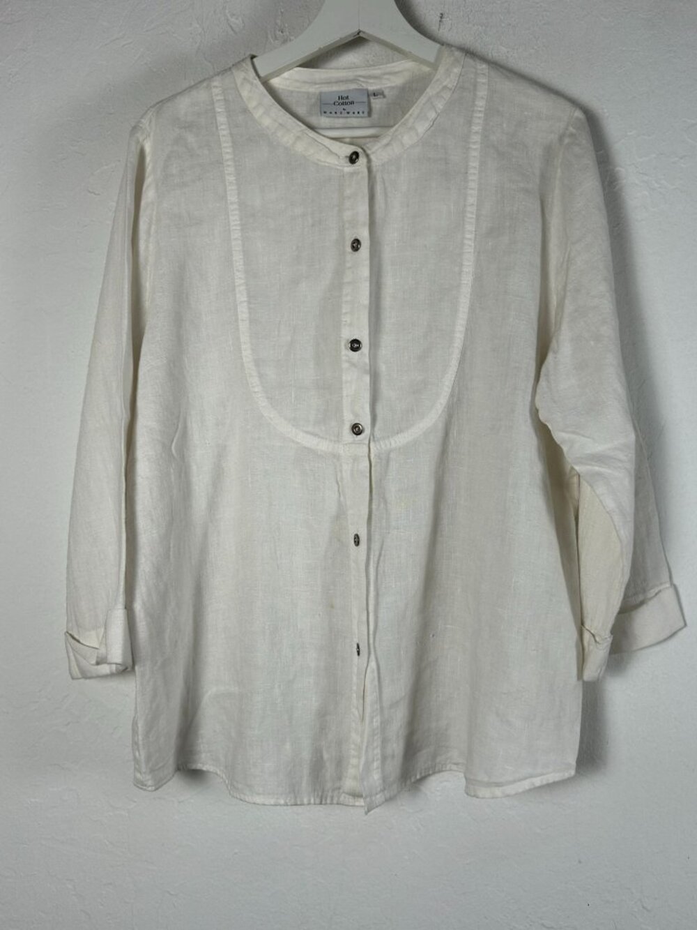 Hot Cotton By Marc Ware Womens White Linen Button-Up Blouse 3/4 Sleeve Large